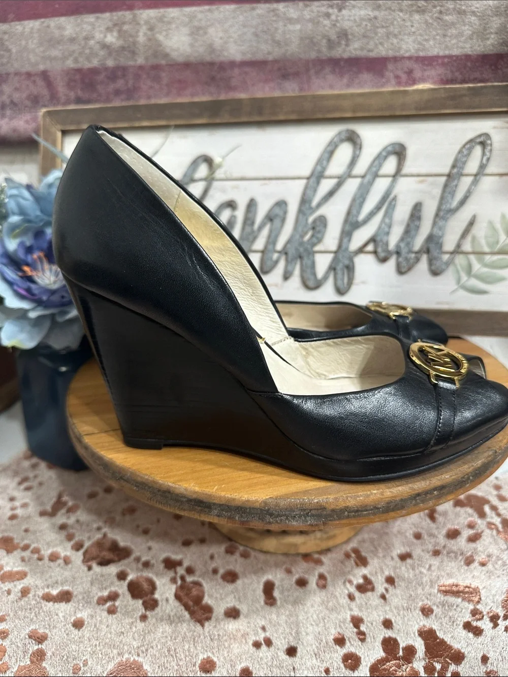 Michael Kors Black Peep-Toe Pumps with Gold MK Accent
